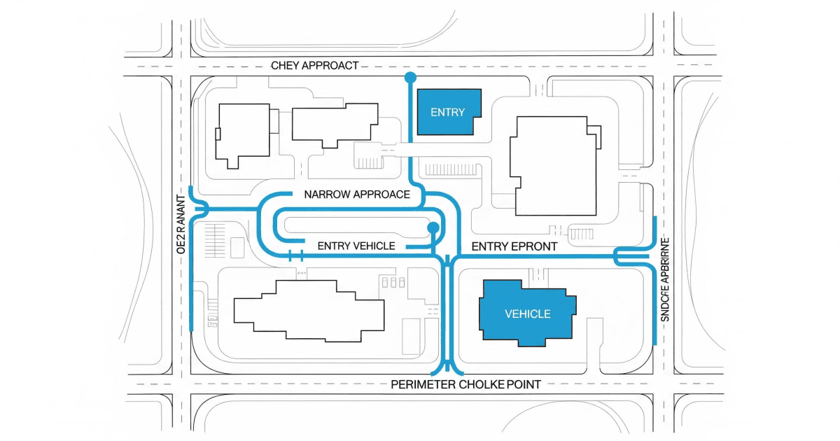 Diagram of site perimeter and vehicle approach/run-up paths to plan crash-rated bollard placement